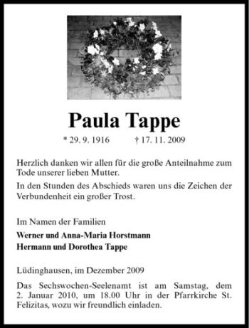 Todesanzeige von Paula Tappe von Westfälische Nachrichten
