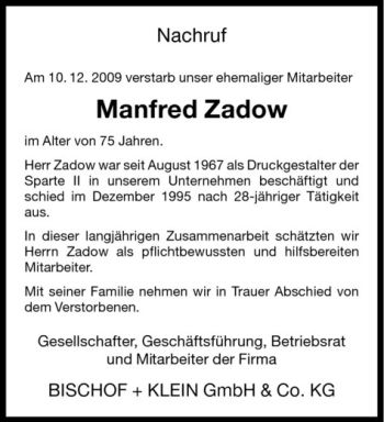Todesanzeige von Manfred Zadow von Westfälische Nachrichten