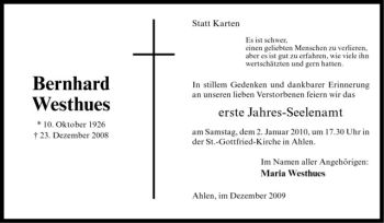 Todesanzeige von Bernhard Westhues von Westfälische Nachrichten