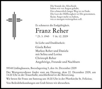 Todesanzeige von Franz Reher von Westfälische Nachrichten
