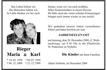 Todesanzeige von Maria und Karl Rieger von Westfälische Nachrichten