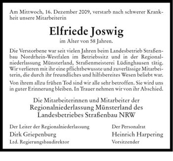 Todesanzeige von Elfriede Joswig von Westfälische Nachrichten