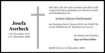 Todesanzeige von Josefa Averbeck von Westfälische Nachrichten