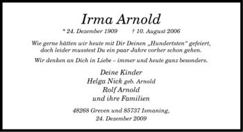 Todesanzeige von Irma Arnold von Westfälische Nachrichten
