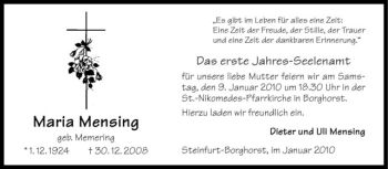 Todesanzeige von Maria Mensing von Westfälische Nachrichten