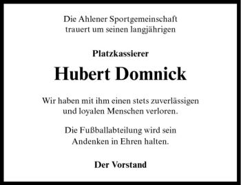 Todesanzeige von Hubert Dominick von Westfälische Nachrichten