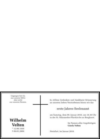 Todesanzeige von Wilhelm Velten von Westfälische Nachrichten