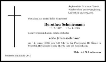 Todesanzeige von Dorothea Schmiemann von Westfälische Nachrichten