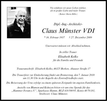 Todesanzeige von Claus Münster von Westfälische Nachrichten
