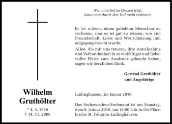 Todesanzeige von Wilhelm Gruthölter von Westfälische Nachrichten