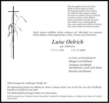 Todesanzeige von Luise Oelrich von Westfälische Nachrichten