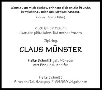 Todesanzeige von Claus Münster von Westfälische Nachrichten