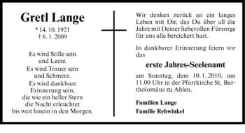 Todesanzeige von Gretl Lange von Westfälische Nachrichten