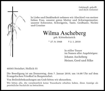 Todesanzeige von Wilma Ascheberg von Westfälische Nachrichten