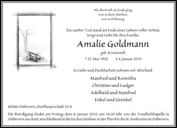 Todesanzeige von Amalie Goldmann von Westfälische Nachrichten