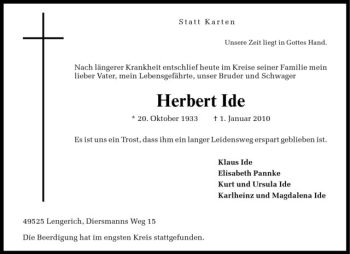 Todesanzeige von Herbert Ide von Westfälische Nachrichten