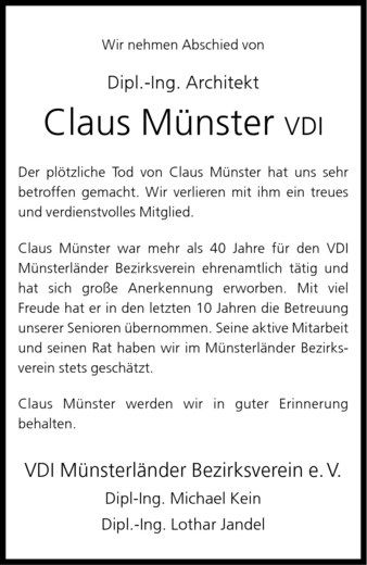 Todesanzeige von Claus Münster von Westfälische Nachrichten