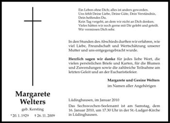 Todesanzeige von Margarete Welters von Westfälische Nachrichten