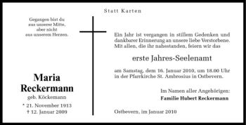 Todesanzeige von Maria Reckermann von Westfälische Nachrichten