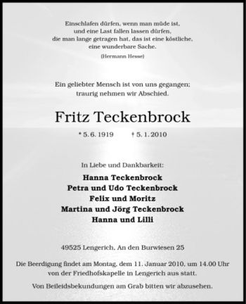 Todesanzeige von Fritz Teckenbrock von Westfälische Nachrichten