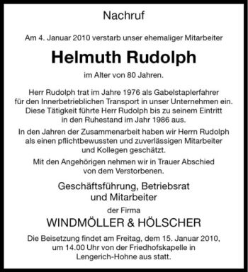 Todesanzeige von Helmut Rudolph von Westfälische Nachrichten