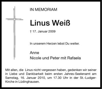 Todesanzeige von Linus Weiß von Westfälische Nachrichten