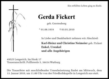 Todesanzeige von Gerda Fickert von Westfälische Nachrichten