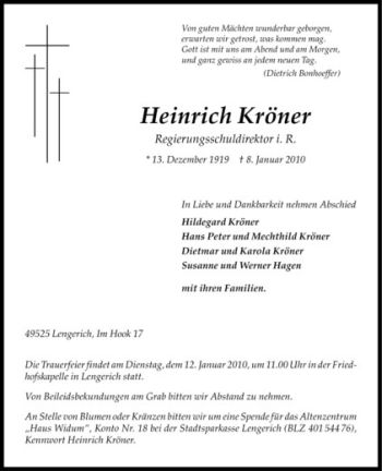 Todesanzeige von Heinrich Kröner von Westfälische Nachrichten