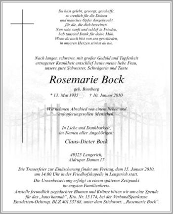 Todesanzeige von Rosemarie Bock von Westfälische Nachrichten