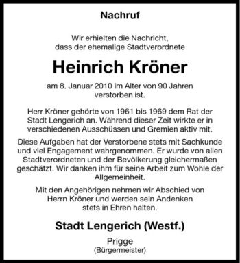 Todesanzeige von Heinrich Kröner von Westfälische Nachrichten