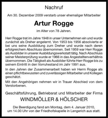 Todesanzeige von Artur Rogge von Westfälische Nachrichten