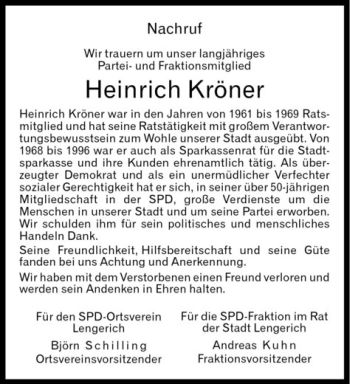 Todesanzeige von Heinrich Kröner von Westfälische Nachrichten