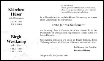 Todesanzeige von Klärchen Hüser von Westfälische Nachrichten
