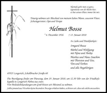 Todesanzeige von Helmut Bosse von Westfälische Nachrichten