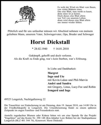 Todesanzeige von Horst Diekstall von Westfälische Nachrichten