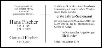 Todesanzeige von Hans, Gertrud Fischer von Westfälische Nachrichten