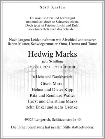 Todesanzeige von Hedwig Marks von Westfälische Nachrichten