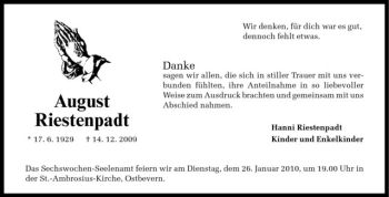 Todesanzeige von August Riestenpadt von Westfälische Nachrichten