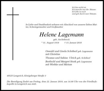 Todesanzeige von Helene Lagemann von Westfälische Nachrichten