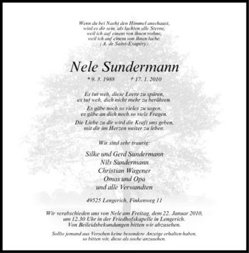 Todesanzeige von Nele Sundermann von Westfälische Nachrichten