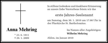 Todesanzeige von Anna Mehring von Westfälische Nachrichten