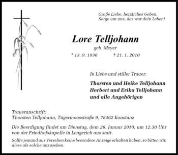 Todesanzeige von Lore Telljohann von Westfälische Nachrichten