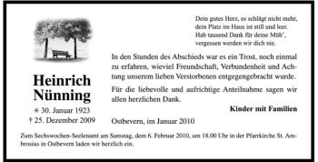 Todesanzeige von Heinrich Nünning von Westfälische Nachrichten