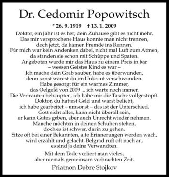 Todesanzeige von Cedomir Popowitsch von Westfälische Nachrichten