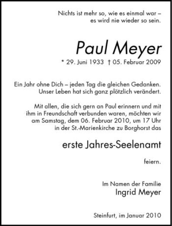 Todesanzeige von Paul Meyer von Westfälische Nachrichten