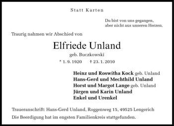 Todesanzeige von Elfriede Unland von Westfälische Nachrichten