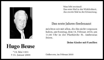 Todesanzeige von Hugo Beuse von Westfälische Nachrichten