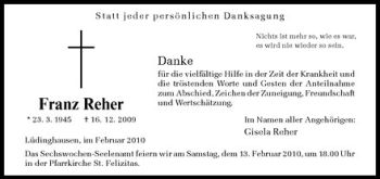 Todesanzeige von Franz Reher von Westfälische Nachrichten