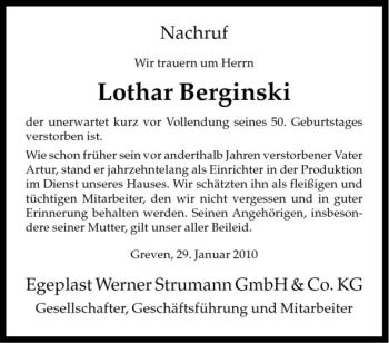 Todesanzeige von Lothar Berginski von Westfälische Nachrichten