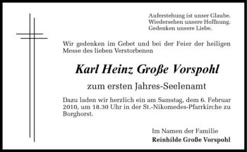 Todesanzeige von Karl Heinz Große Vorspohl von Westfälische Nachrichten